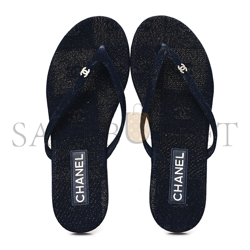 CHANEL COTTON SILK CRYSTAL CC THONG SANDALS DARK BLUE SILVER 362268